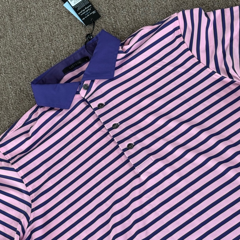 Greyson Mens Savannah Polo Shirt Pink Purple Striped Golf L MSP24K60‎ NEW